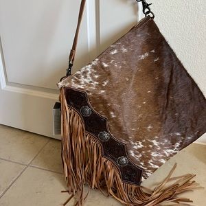 Boho Myra Bag Hand-Tooled leather cowhide fringe handbag purse brown black